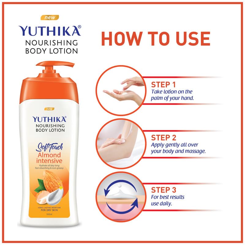 Image of Yuthika Naturals Almond Soft Touch 500ml Body Lotion for Women & Men | 72Hr Hydration | for Dry to Very Dry Skin | Enriched with Almond Oil | Non Greasy & Healthy Looking Skin