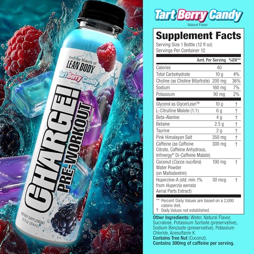 Image of LABRADA Charge Pre Workout Tart Berry Candy RTD Drink - Pump, Energy, Endurance Formula with 10g Glycerol, 6g L-Citrulline Malate, 4g Beta Alanine, 300mg Caffeine, + Complete Hydration Support, 12 Serving