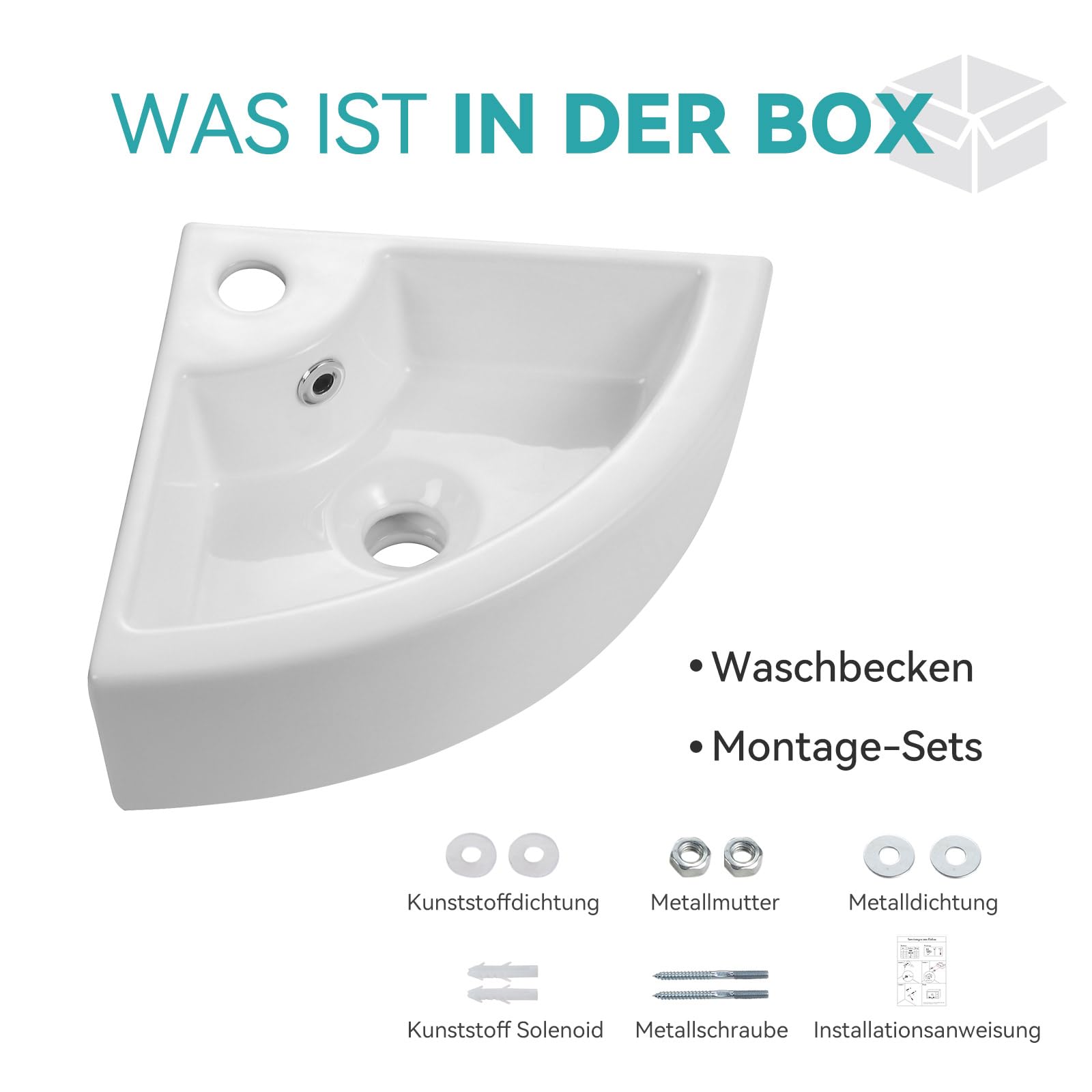 Teal Home Lavabo Esquinero de Cerámica para Baño - Mini Lavabo de Pared para Invitados, 46 x 32 x 12,5 cm, Con Rebosadero