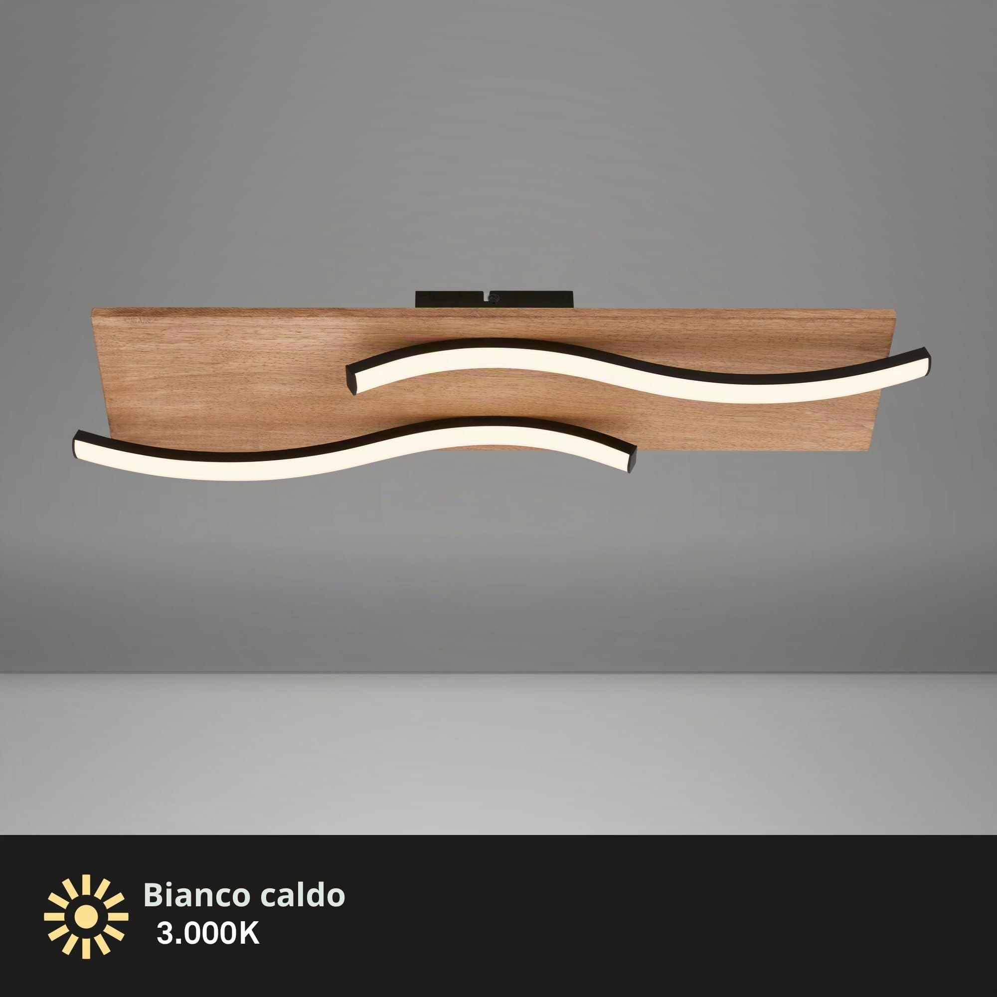 Briloner - Plafoniera LED vintage a forma di onda, luce bianca calda, base in legno, plafoniera LED, lampada, lampada da soggiorno, 55 cm, legno nero