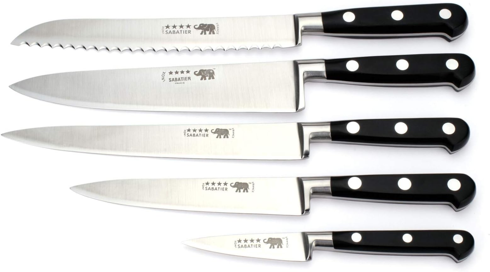 Thiers-Issard french Sabatier 5-piece cook knife set - black nylon handles - forged professional quality from France