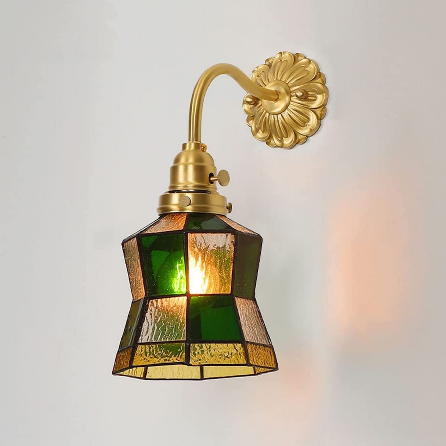HPTHLY Wall Light - Brushed Brass Wall Lighting With Switch Glass Shade E27 Wall Sconce Japanese Indoor Bedside Study Reading Wall Lights Bathroom Vanity Wal(Glass-A)
