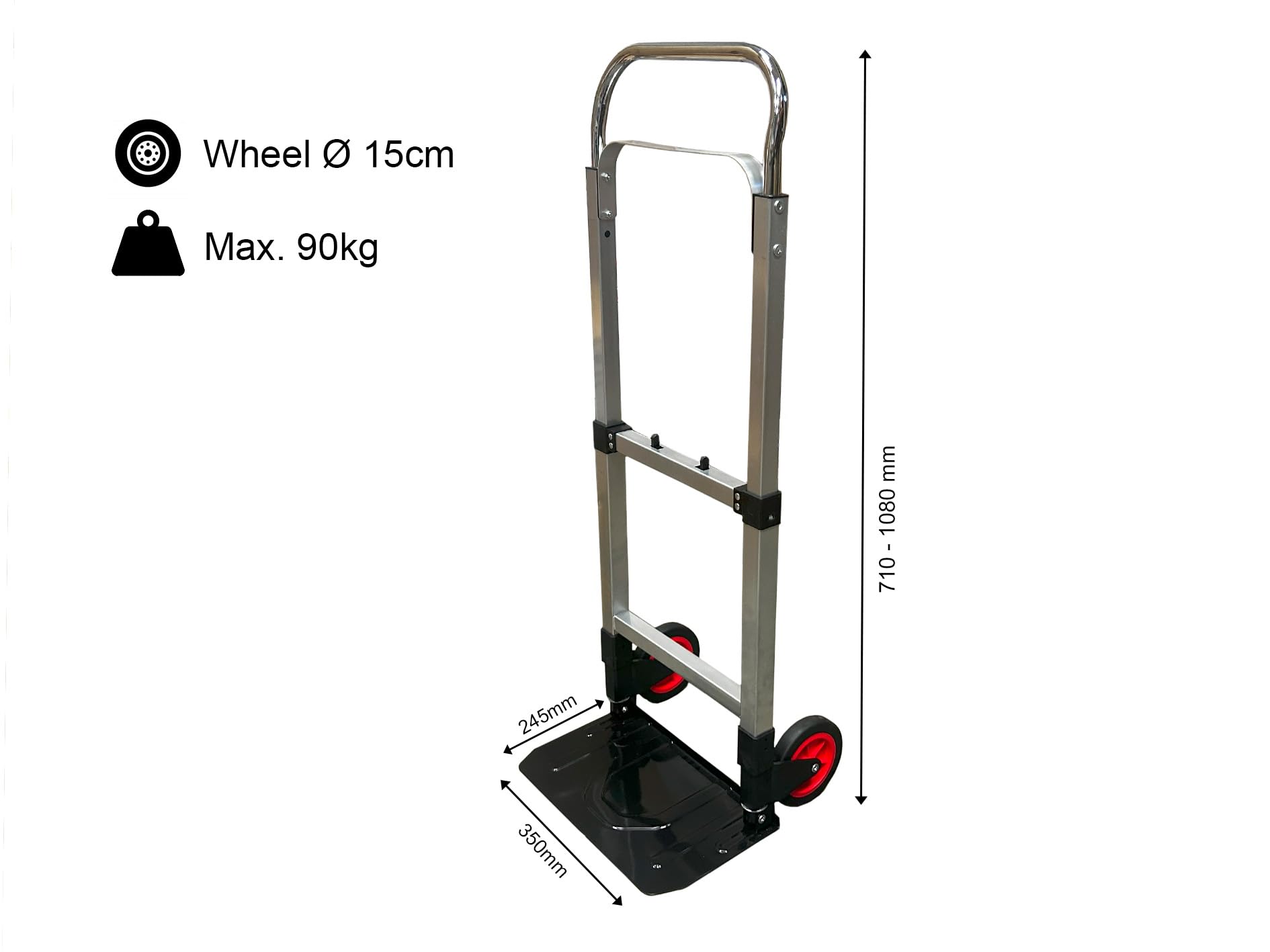 Carrello pieghevole in alluminio di alta qualità – Portata 90 kg – Manico regolabile in altezza – Pneumatico in gomma pieno – Superficie di carico pieghevole/carrello/carrello