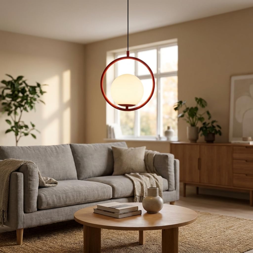 BARCELONA LED Lampada a Sospensione KATE Rossa E27, Sfera in Vetro Opalino, Lampadario Moderno a Sospensione, Design Minimalista per Soggiorno Sala da Pranzo Camera Cucina