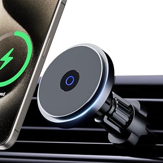Kpon Magnetic Wireless Car Charger,Dashboard & Air Vent Phone Mount Charger,Compatible with MagSafe Fast Charger with QC3.0 Adapter for iPhone 15,14,13,12 Pro Max/Pro/Mini/Plus Series(Black)