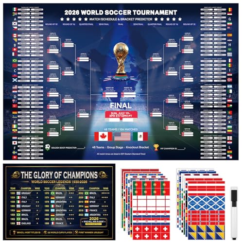 CANCJ 2026 World Soccer Schedule Poster Set Tournament Wall Chart Champion Predictor Poster with 12 Flag Stickers Match Tracker for Soccer Fans Viewing Parties Home & Bar Decorations