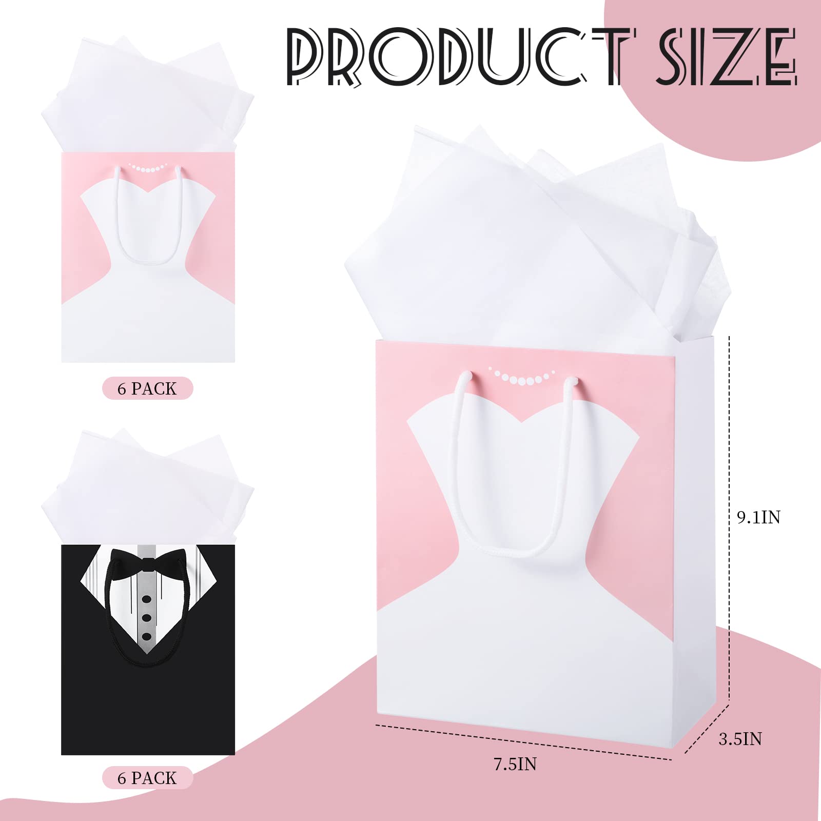 TaoBary Bridal Party Bags for 12 Guests - 9 x 7.5 x 3.5 Inch Bags with 12 Tissue Paper and Handle for Bridal Shower Proposal