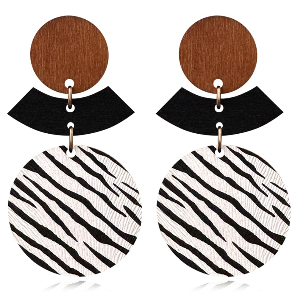 DIYANMMYWooden Earrings Unique Handmade Lightweight Black And White Round Geometry Earrings Vintage Bohemian Round Earrings for Women