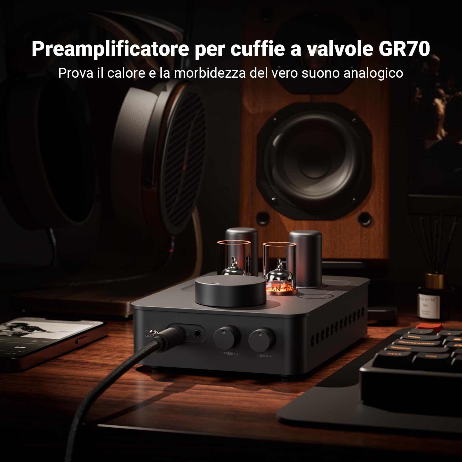 Fosi Audio GR70 Preamplificatore Cuffie a Valvole, Autentica Amplificazione a Valvole con Vuoto, Mini Preamplificatore HiFi per l'audio Domestico, Jack 3,5/6,35 mm, Supporto di 16-300 ohm di Impedenza