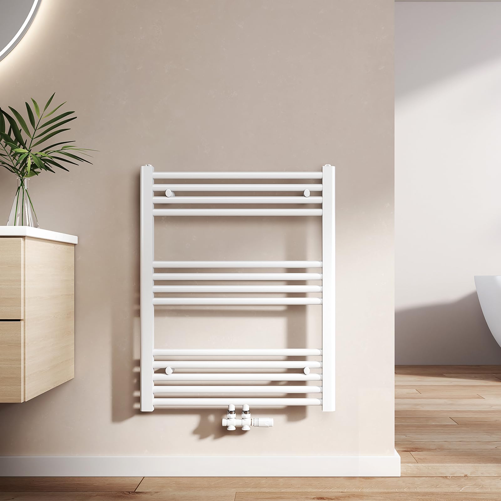 EMKE Badheizkörper Gerade 750x600 mm - Handtuchheizkörper mit Mittelanschluss, Effizienter Handtuchwärmer Handtuchtrockner Heizkörper für Bad, Weiß, 337W