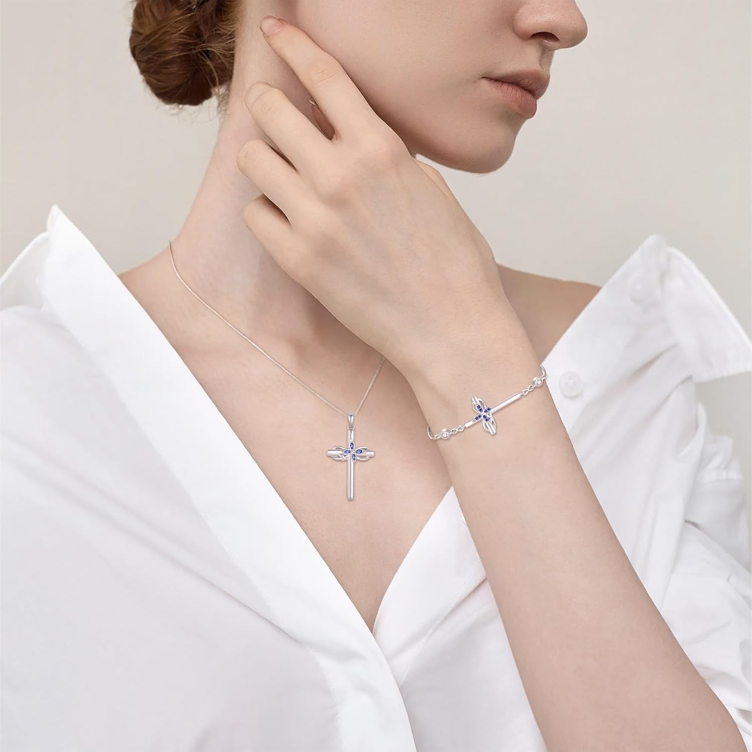 Cross Necklace and Bracelet for Women 925 Sterling Silver Infinity Butterfly Pendant Necklace Bracelet Tanzanite December Birthstone Jewelry Set Crucifix Religious Gifts for Her - Image 2