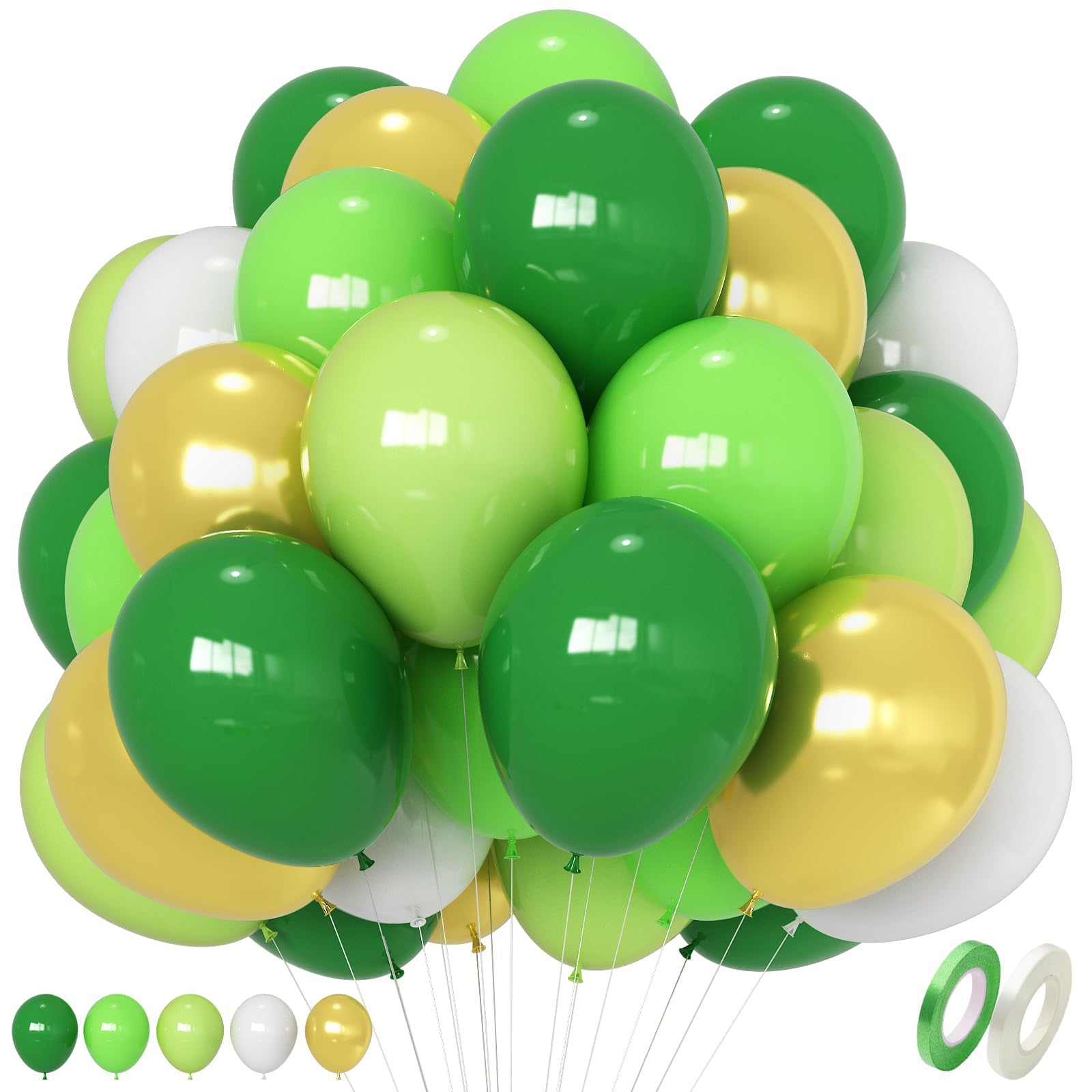 Green and Gold Balloons, 60 pcs 12 inch Different Shades Green and Metallic Gold Balloons, Helium Latex Balloon Set for Jungle Safari Birthday,