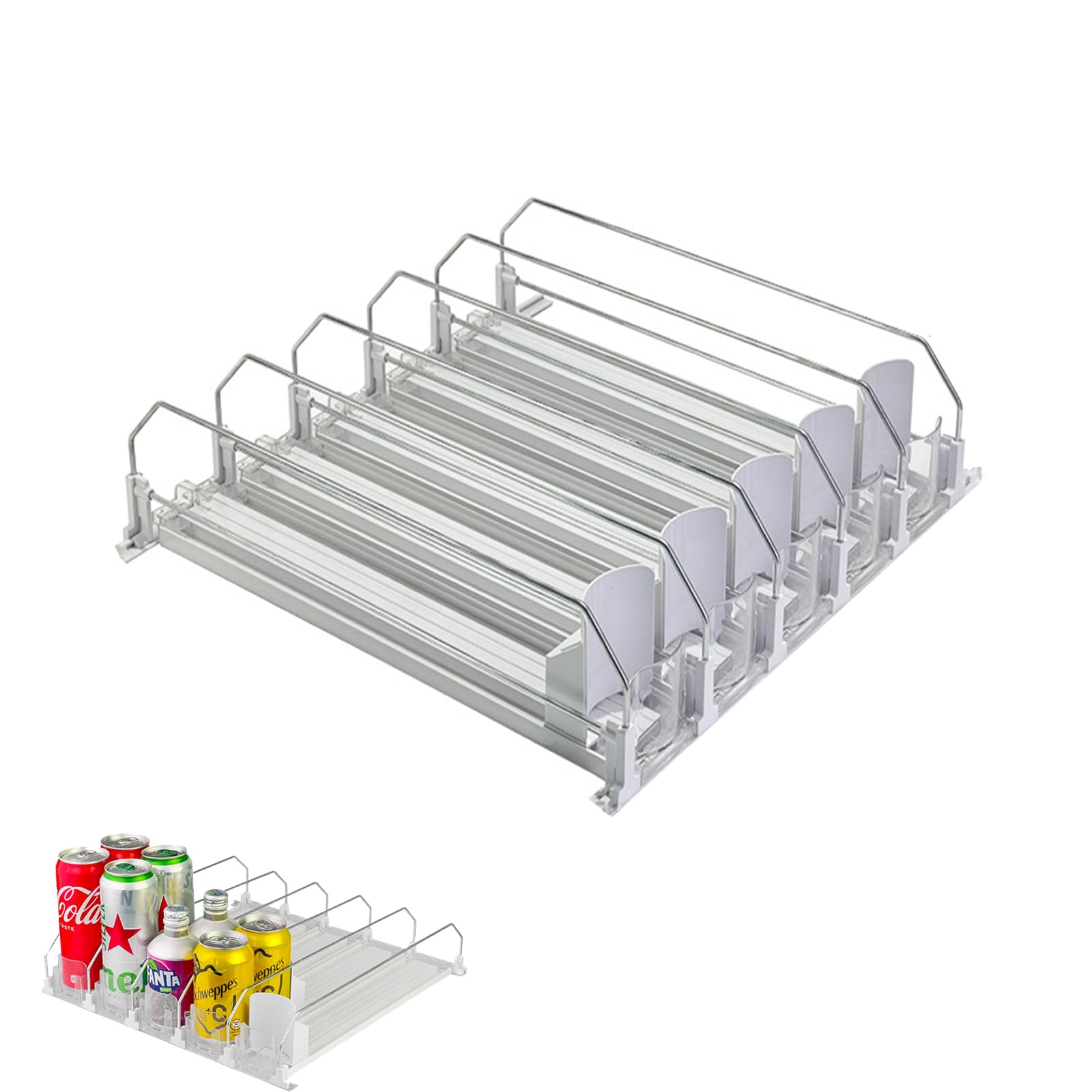 Dispensador automático de latas para refrigerador, organizador de bebidas con mecanismo de sujeción, organizador de latas de cerveza y refrescos con capacidad para hasta 25 latas, 5 filas