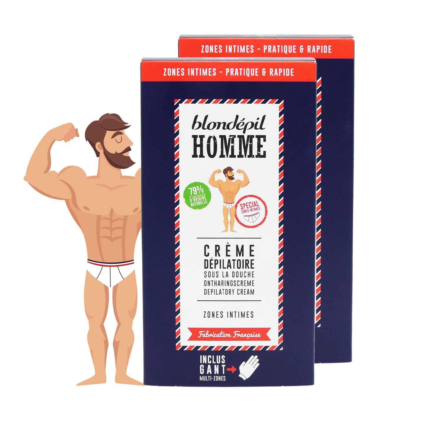 Blondépil Homme - Crema depilatoria hombre genitales en la ducha, Zona Íntima, Rápida y Eficaz, Apta para pieles sensibles, Hecha en Francia, Incluye guante multi-zonas, 100ml, lote de 2