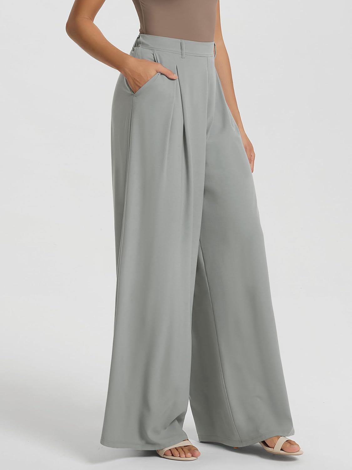 ODODOS Chiffon Flowy Pleated Wide Leg Pants for Women Lightweight High Waist Trouser with Pockets-27/29" /31" Inseam - Image 4
