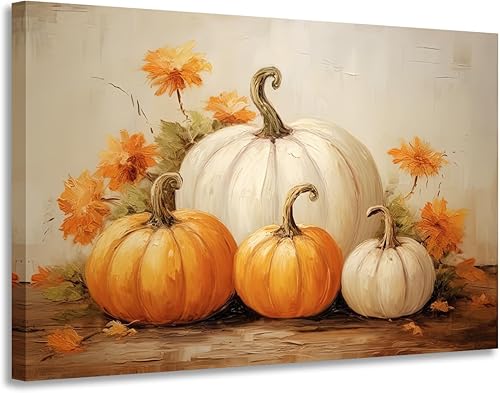 GLOKAKA Impresión de calabaza de otoño, decoración del hogar de otoño, calabaza de otoño con pintura de flores, decoración del hogar, arte de pared