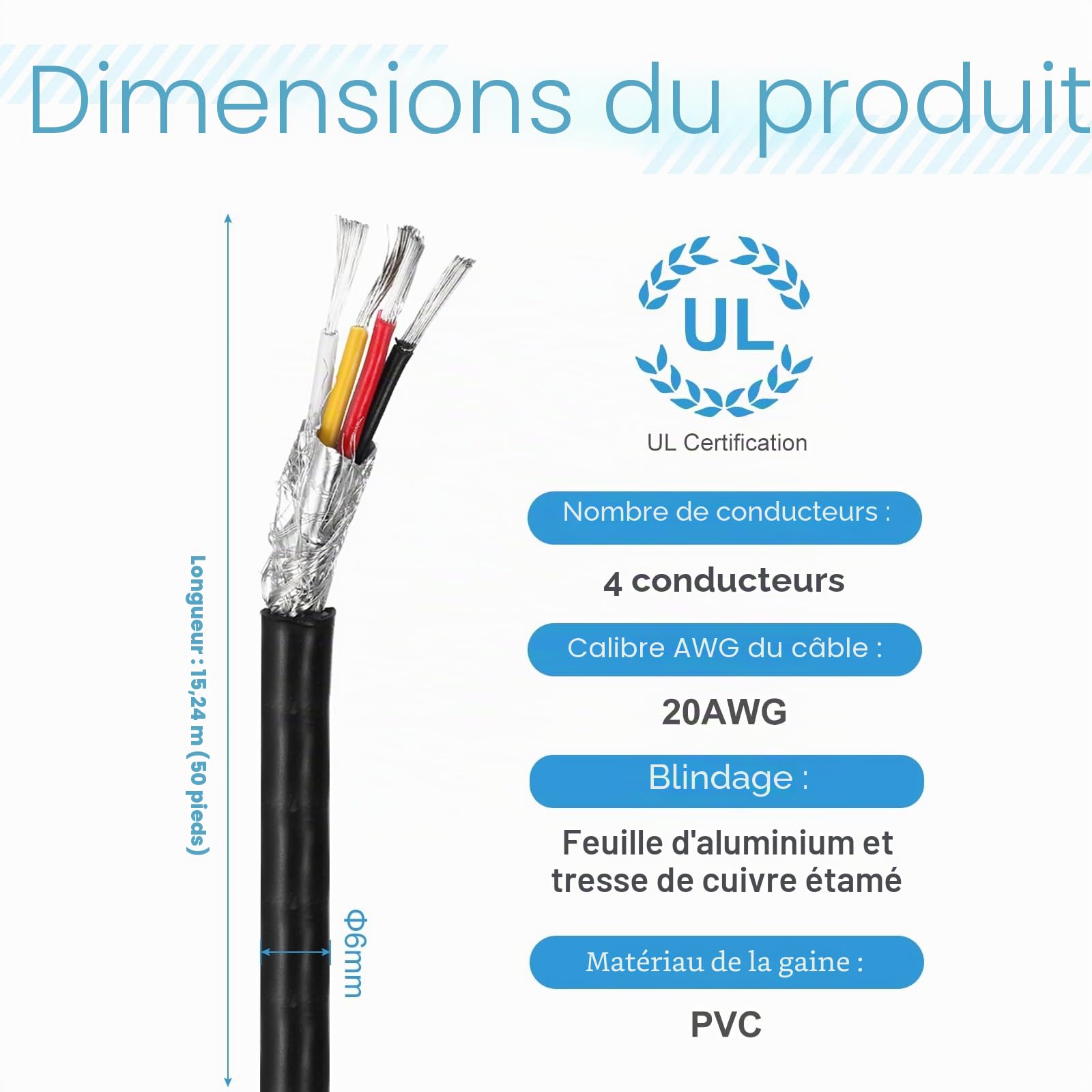 sourcing map 1 câble blindé UL2464 20 AWG 15,24 m 300 V 4 conducteurs en PVC électrique CNC avec blindage double couche pour appareils ménagers, câblage automobile
