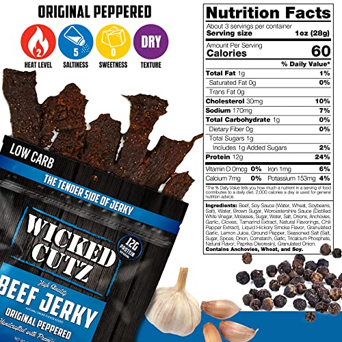 Wicked Cutz Beef Jerky, Tender, Flavorful Original Peppered Beef Jerky 2 Pack, Easy To Chew Premium Craft Jerky With 12G Protein Per Serving, Gluten Free, High Protein Snacks, 2 Bags - 2.75Oz #TOP1