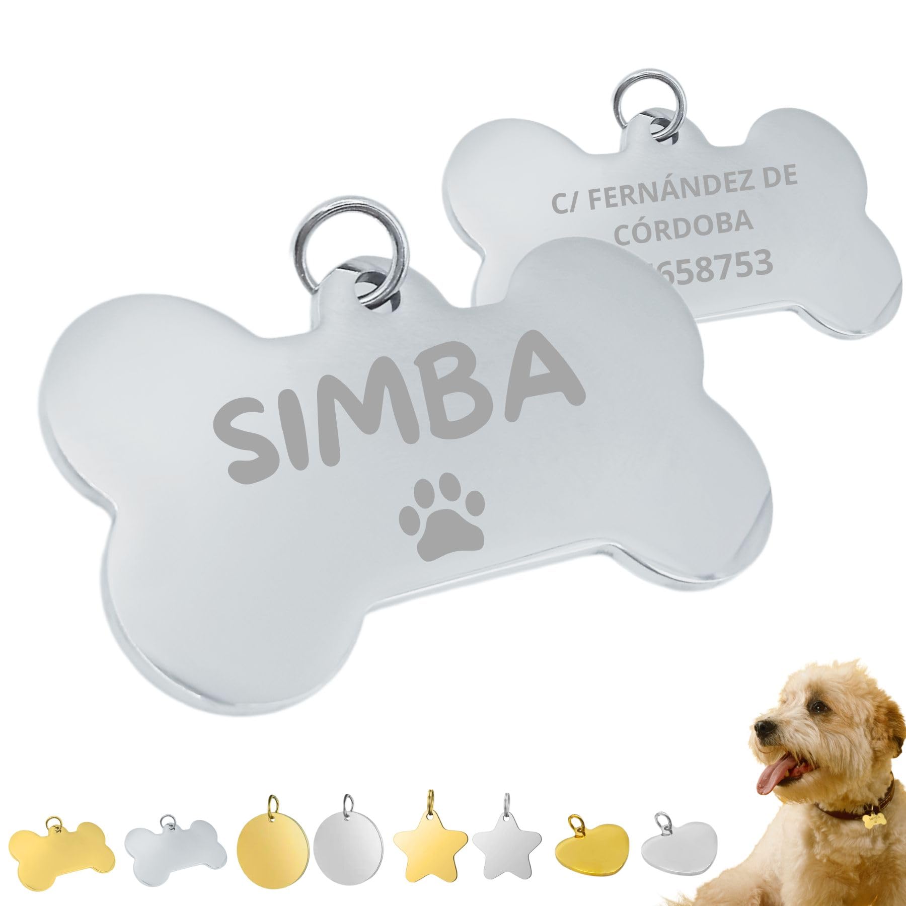 Tousy Pet Chapa de Identificación Personalizada para Perros y Gatos Pequeños Medianos y Grandes Acero Inoxidable Duradero Grabado laser Profesional Medalla Colgante para Mascotas (L, Hueso Plateado)