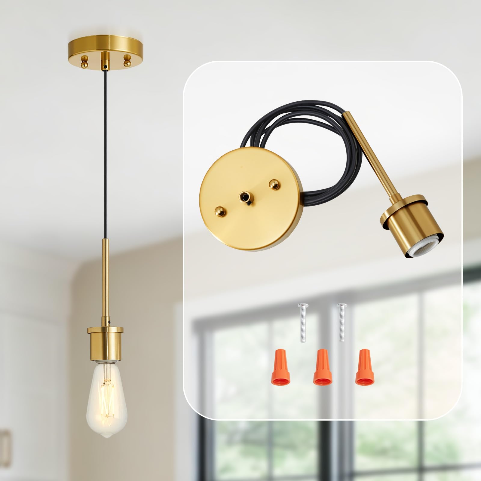 Pendant Light Kit, E26 Lamp Socket Vintage DIY Pendant Light Cord, Semi Ceiling Hanging Light Fixtures, Adjustable Hanging Light Kit for Kitchen Island, Dining Room, Bedroom(Gold)
