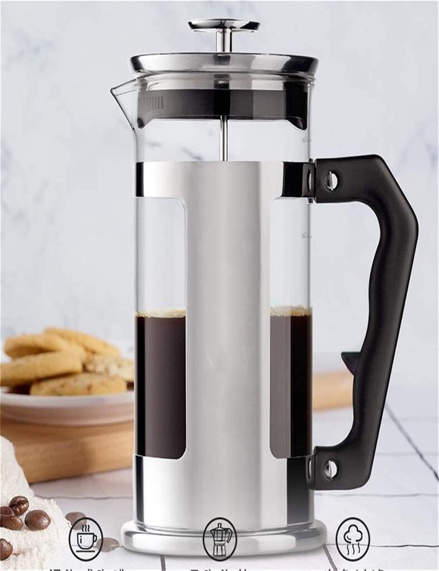 Cafetera de Prensa Francesa aislada | Cafetera de Acero Inoxidable de 4 Tazas para Verter el café | Vidrio de borosilicato Transparente de 940 ml