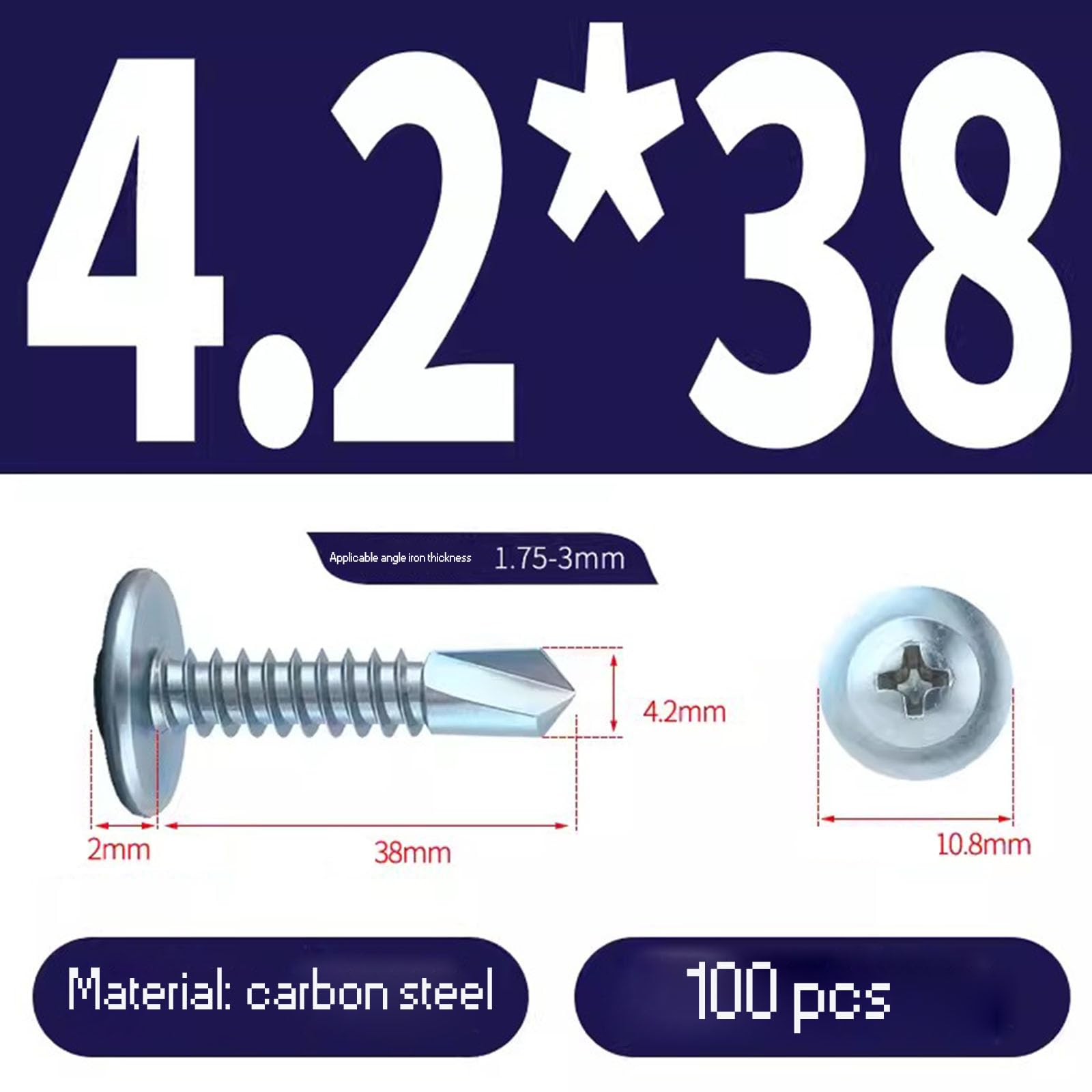 200 Stück selbstbohrende Schrauben, M4.2, verzinkter Stahl, Flachkopf, selbstschneidende Schrauben, Befestigungs-Sortiment, für dünnes Metall, Holz, Kunststoff usw. (38 mm) (silberfarben) 1000PCS
