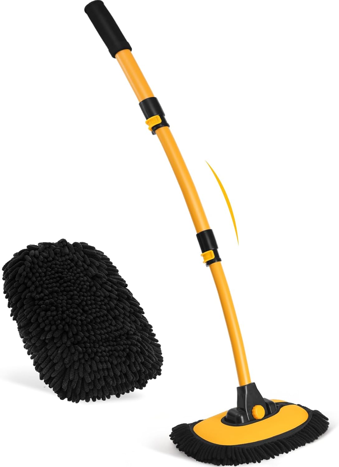 Ordenado 15°Curved Car Wash Brush with Long Handle, 43" Car Cleaning Brush with Extension Pole, Microfiber RV Wash Mop Scratch-Free, Exterior Washer Mop for Washing Roof Truck Camper SUV Caravan Boat Black and Yellow