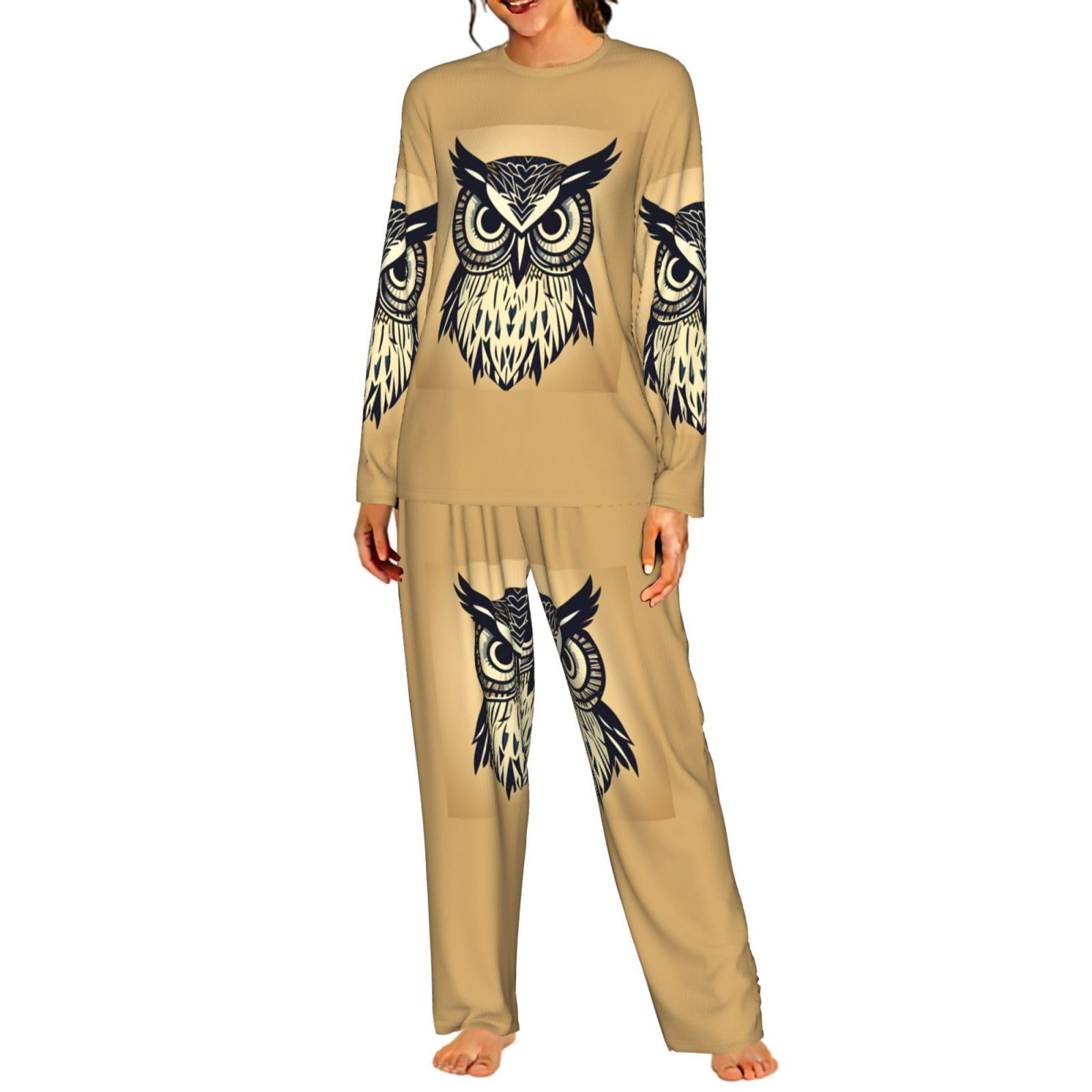 Pigiama da donna a maniche lunghe con stampa di gufi, morbido pigiama da spiaggia, vacanze, abbigliamento da notte, regalo casual