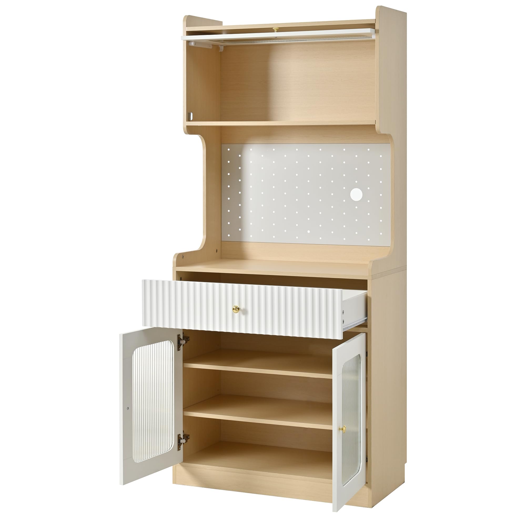 MURUL Highboard naturale/bianco, con LED, vetro scanalato, ripiani regolabili e cassetti, ideale per cucina, sala da pranzo e soggiorno