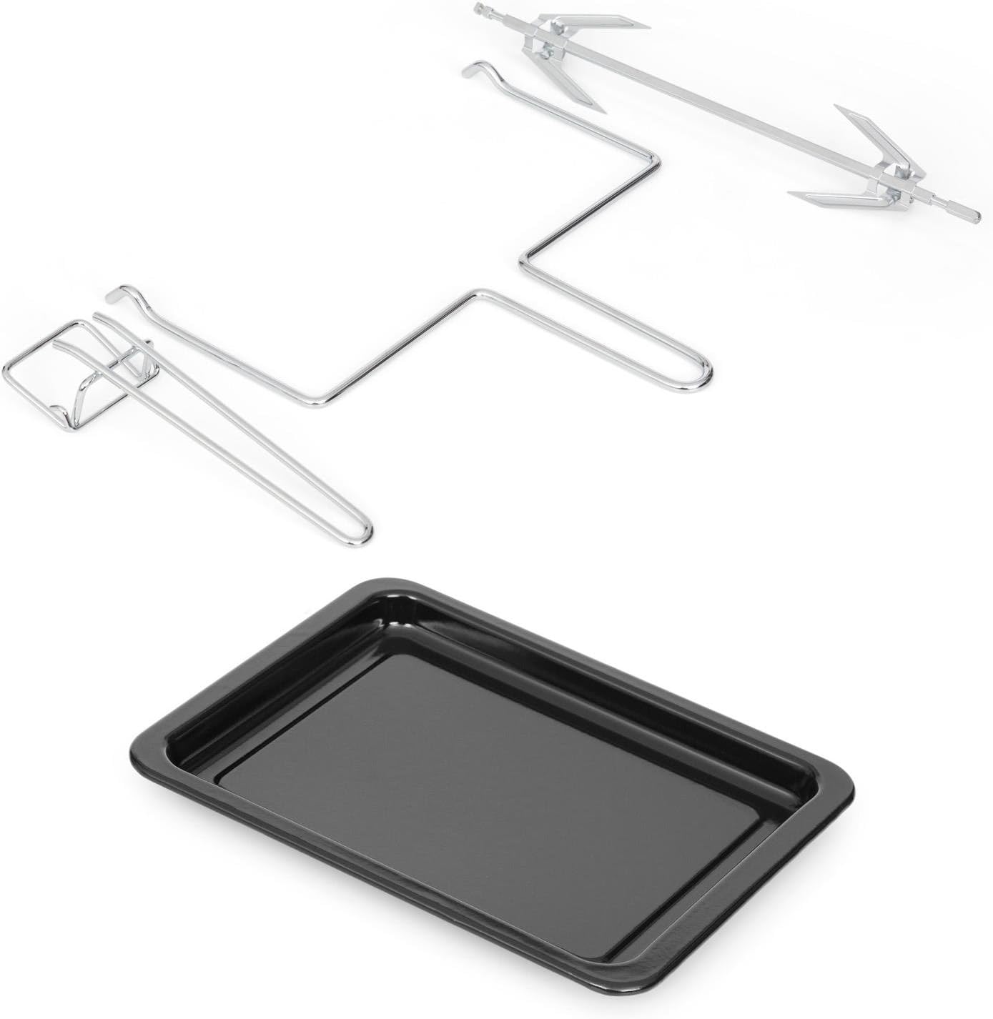 Included accessories for the Klarstein Omnichef 30 2G Mini Oven: baking tray, grill rack, and rotisserie spit with forks.
