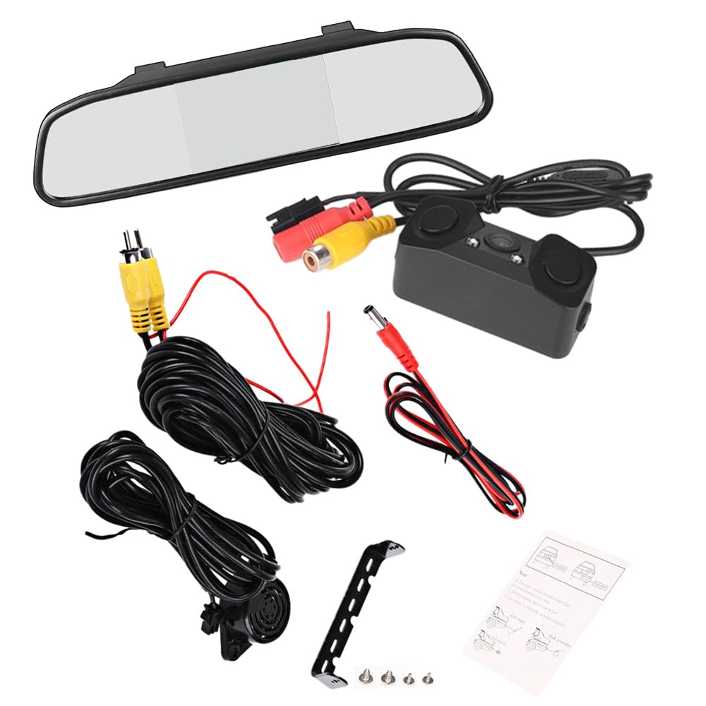 Baceyong Monitor LCD per specchietto retrovisore auto da 4,3 pollici + telecamera di retromarcia a 170°, sensore radar di parcheggio, telecamera posteriore + monitor LCD per specchietto retrovisore
