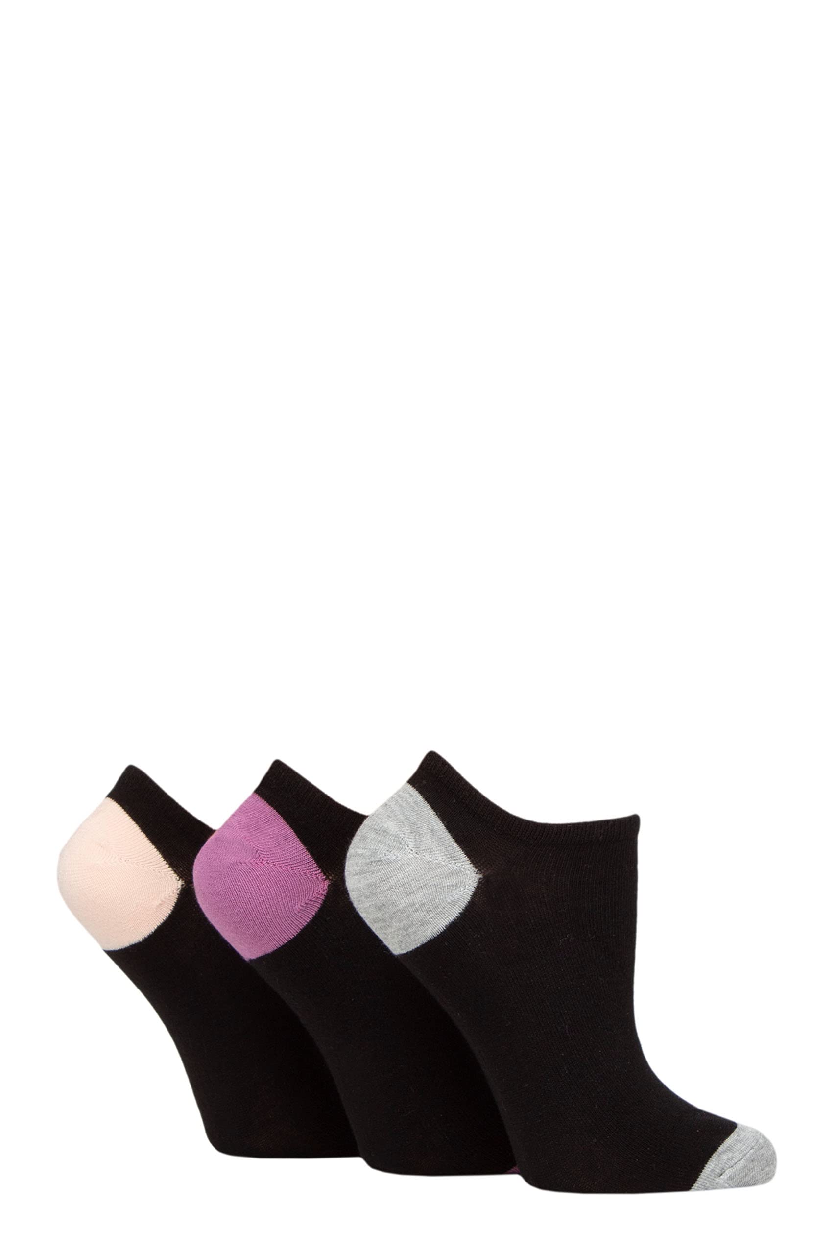 Glenmuir Ladies' 3 Pair Plain and Patterned Bamboo Secret Socks (4-8, Black Grey/Purple/Pink)