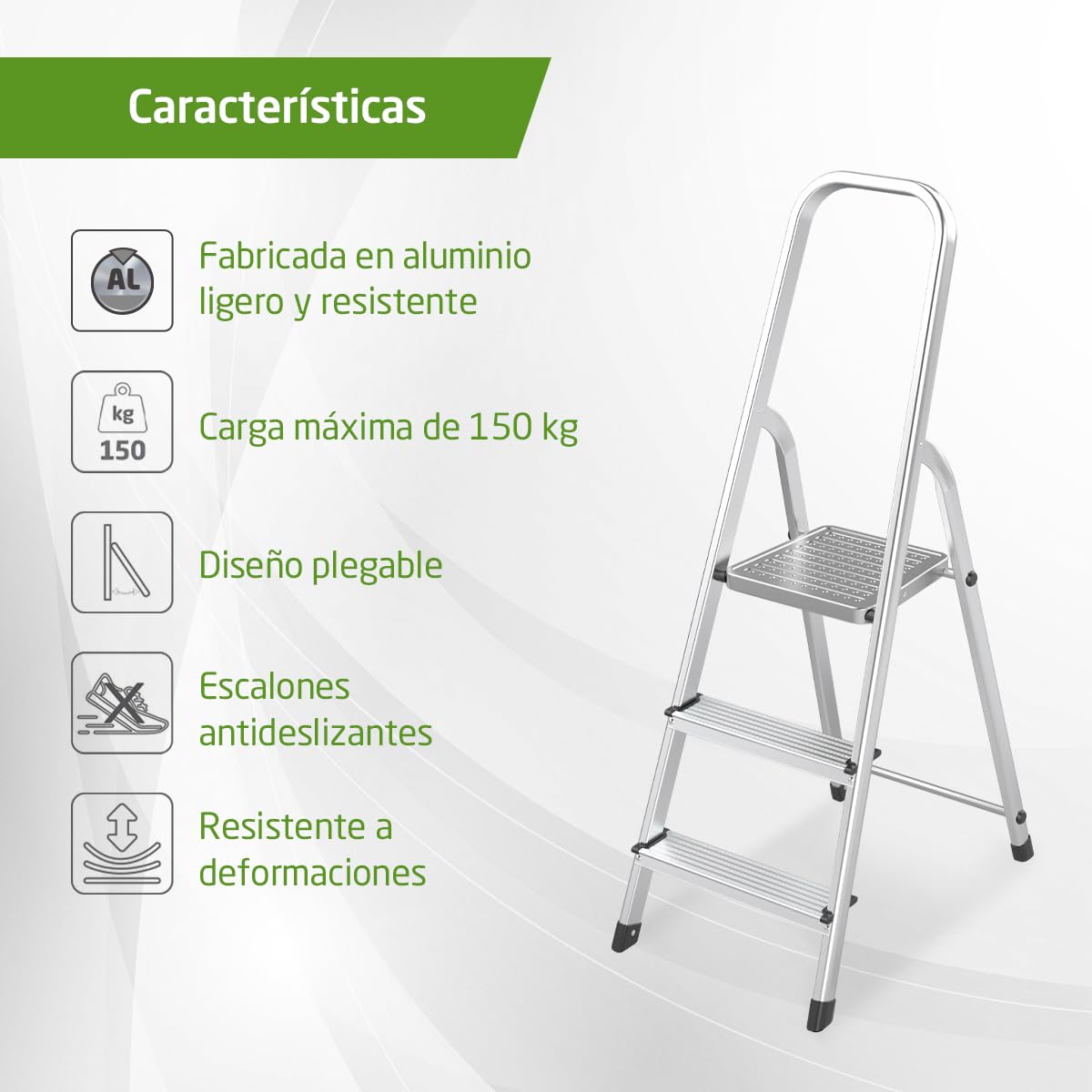 Amig - Escalera Plegable con 3 peldaños - Fabricada en Aluminio - Medida de Peldaños Pequeños:28x8cm - Medida de Peldaño Grande: 25x25x28 cm - Uso Doméstico - Carga Máxima 150 kg