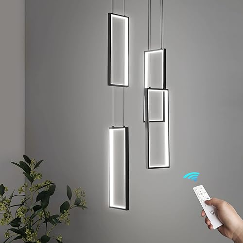 FDPBY Lámpara colgante moderna para isla de cocina, regulable, color negro, 48 W, luces colgantes LED, 4 anillas, lámpara rectangular para escalera,