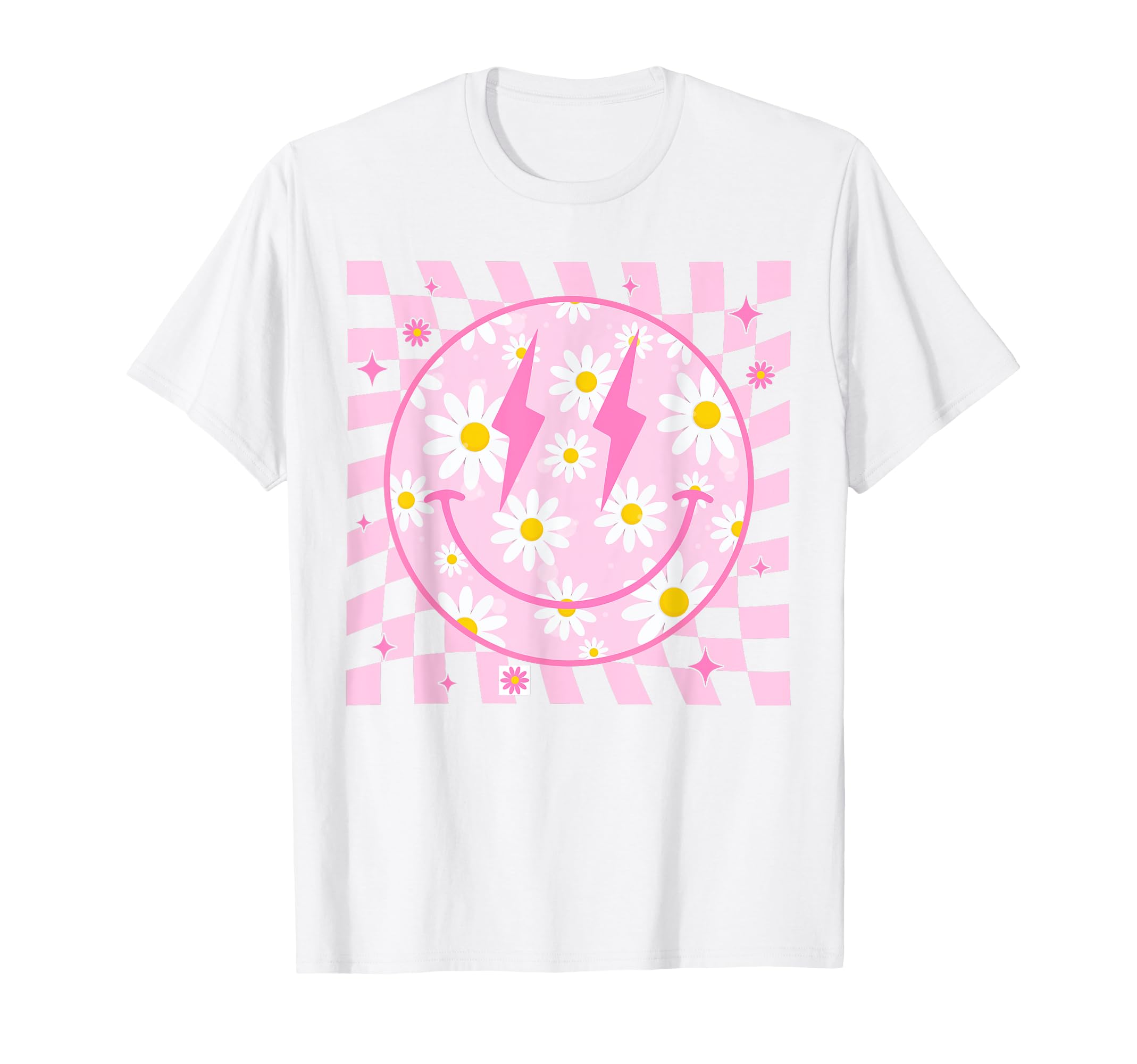 Retro Happy Smile Face Pink Checkered PatternHappy Face Daisy Flower Shirt Preppy Aesthetic Smile Face T-Shirt