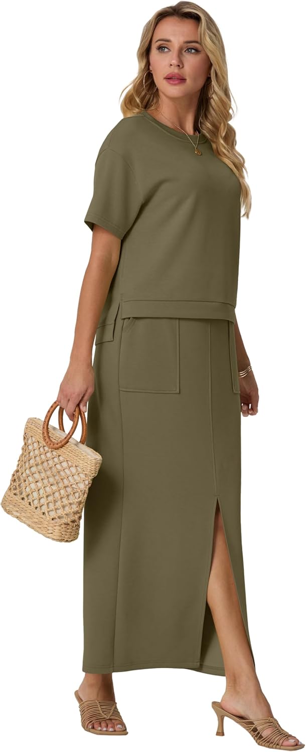 GRECERELLE Women Summer Casual 2 Piece Sets Crew-Neck Wrinkle-Free Top & Elastic Waist Maxi Front Slit Skirt with Pockets - Image 2