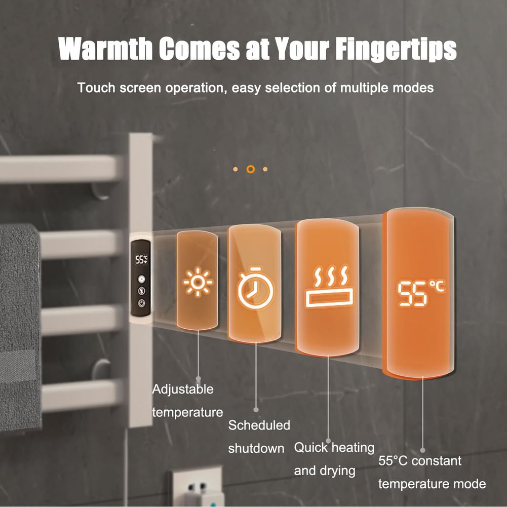 Portasciugamani Elettrico 4 Bar, Scaldasalviette Riscaldato Elettrico Parete con Regolazione Temperatura, Termoarredo Bagno Elettrico Bianco Con 1-9H Timer Integrato,Bianca,Right Line