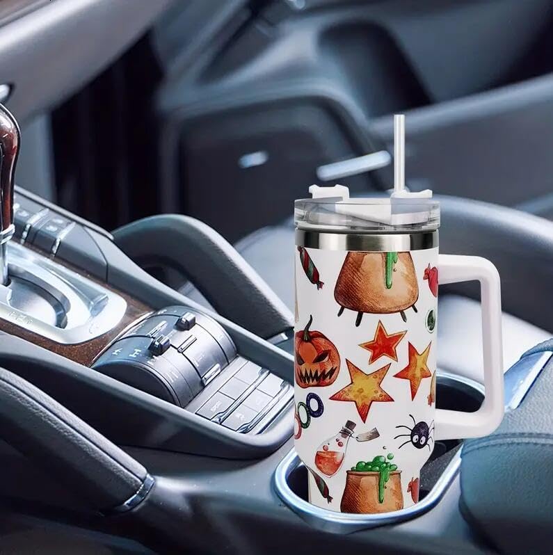 Miniatura 4 de Vaso aislado al vacío de acero inoxidable de 40 onzas con tapa y popote para agua, té helado o café (Halloween-blanco)