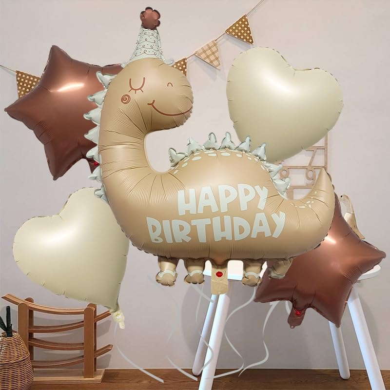 Image of 35''Nude Dinosaur Birthday Balloons &18''Brown Star Cream White Heart Foil Helium Balloon for Baby Shower Birthday Girl Boys Kids Dinosaur Theme Vintage Party Decorations Supplies 5Pcs