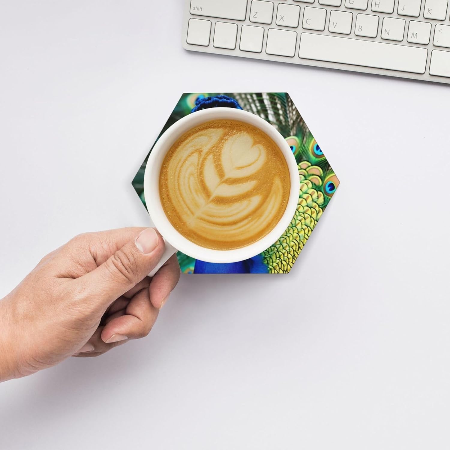 KHiry ドリンクコースター 6枚セット セラミックコースター ホルダー付き 美しい孔雀 ラウンドコースター ドリンク用 卓上保護