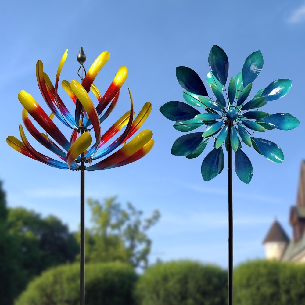 2-Pack Wind Spinner Set – Colorful 3D Lotus & Blue Flower Spinners for Outdoor Garden Décor