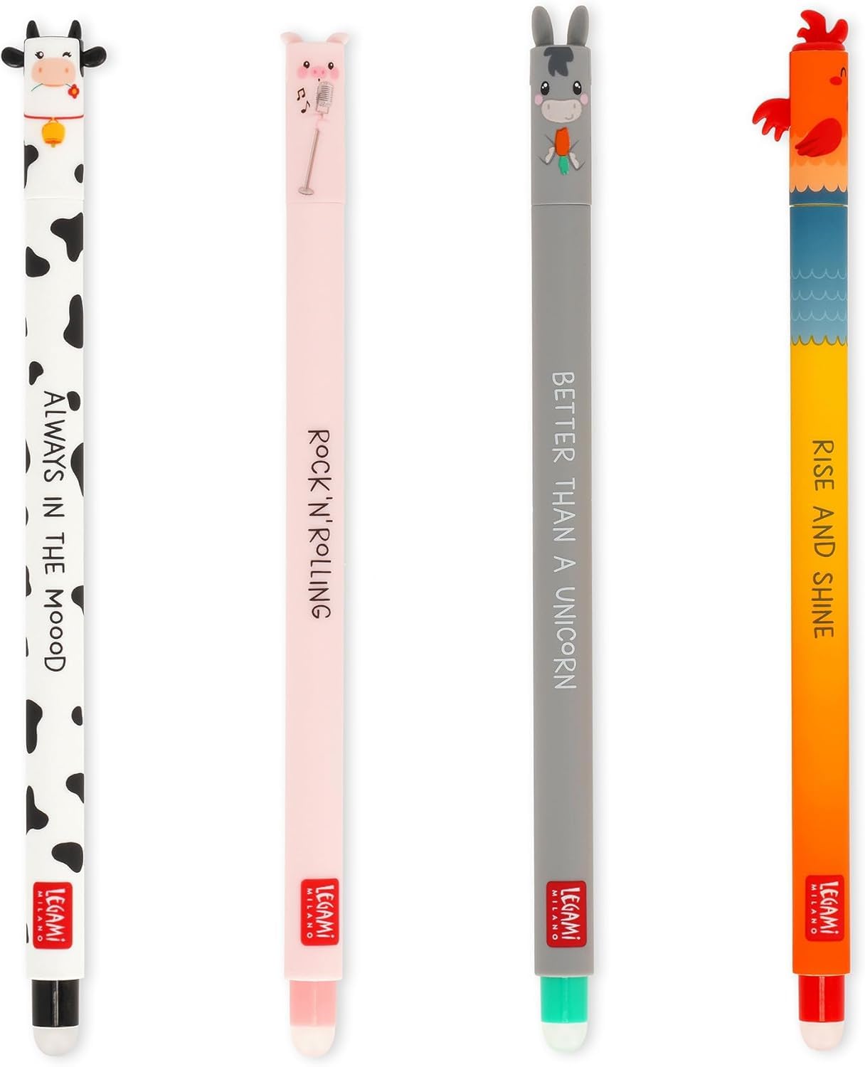 Legami - Set of 4 Farm Sweet Farm Erasable Gel Pens, Thermosensitive Erasable Ink Pens, Black, Pink, Green, Red, Erases without Eating the Sheet, 0.7mm Tip โ image 1