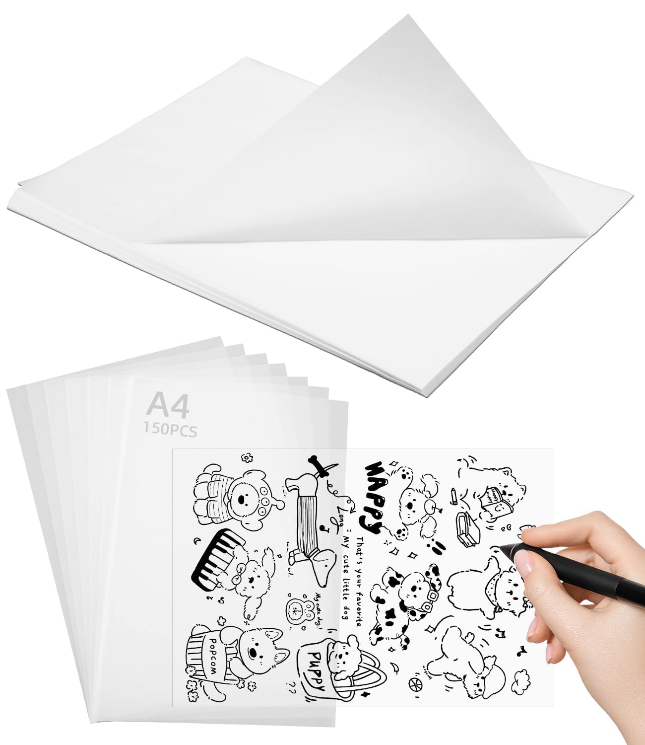 150 Papier Calque, Papier Transparent Imprimable-55 g/m², 21×29,7cm Papier Calque A4 Pour Faire Des Croquis, Craft, Ciuture, Bricolage Et Emballage
