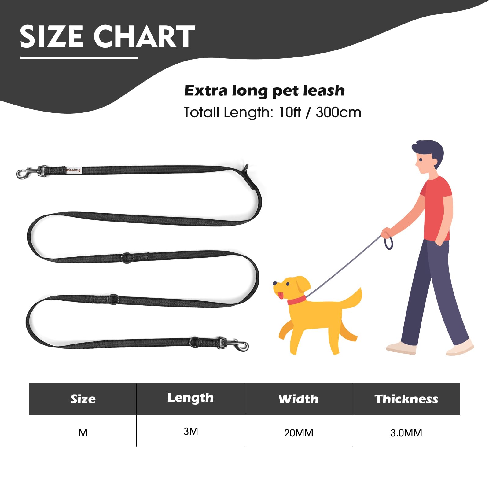 Wisedog Hands-Free Hundeleine, doppelendig & rutschfest, 3m Schwarz | Leichtes Nylon-Material, rutschfester Griff, vielseitig einsetzbar für Jogging & Camping, 6-in-1 multifunktional