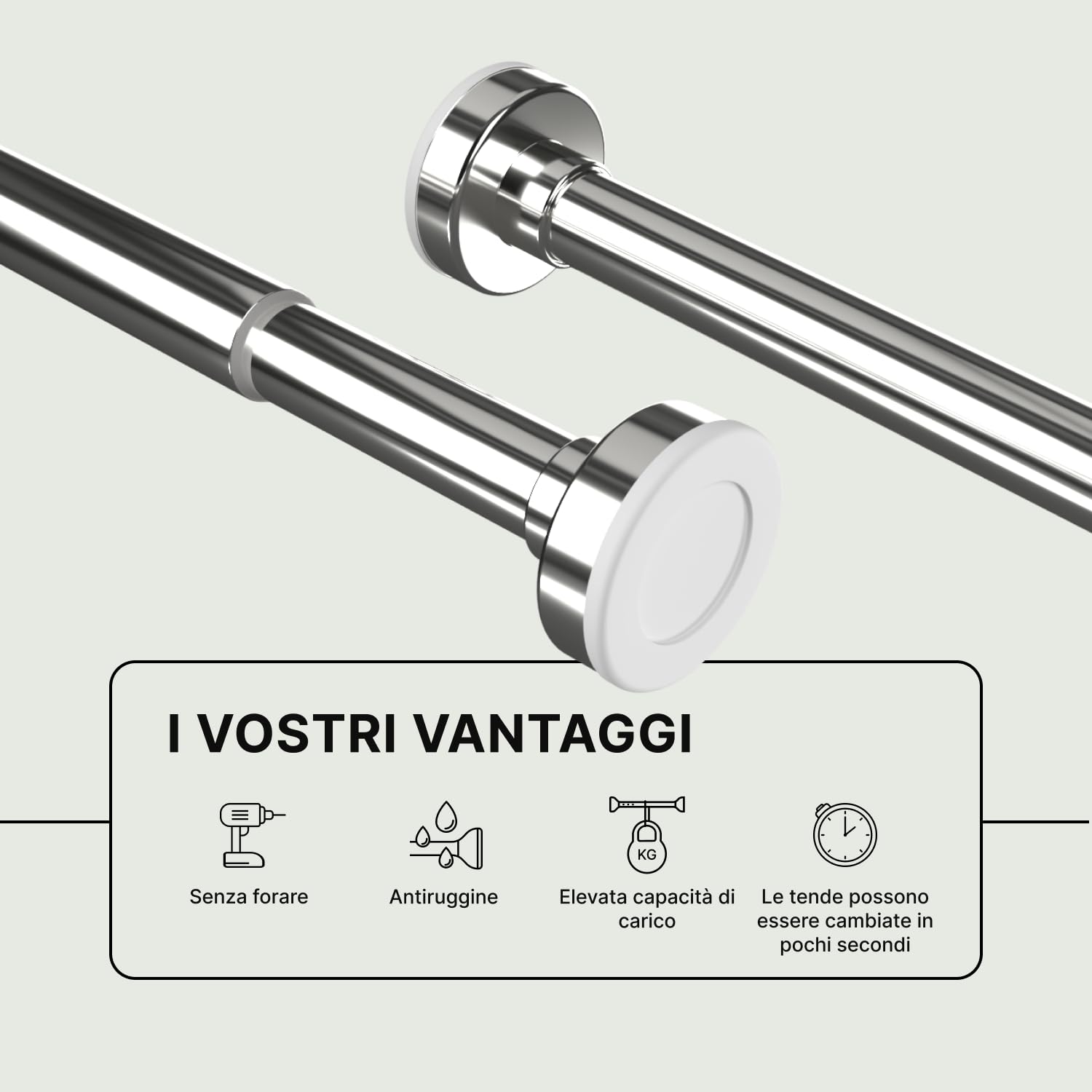 MEISENBERG Bastone Tenda a Pressione 50-80 cm, Argento – Asta per Tende Senza Forare, 1 Pezzo