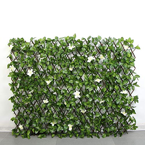 HYGRAD® Garden Screening Trellis Expanding Wooden Fence with Artificial Plant Leaves UK (Green & White Flower)