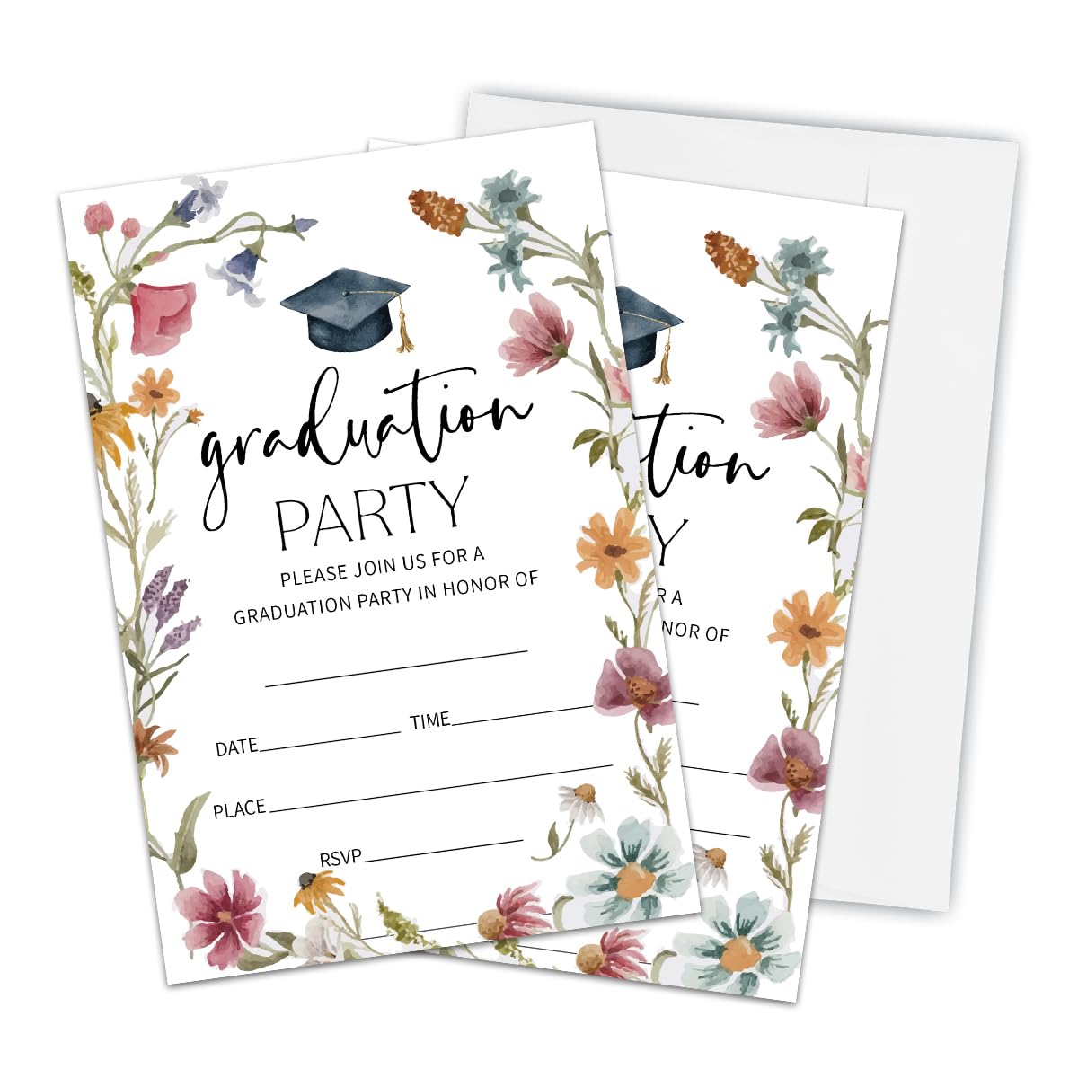 AMHGLW Graduation Party Invitation Cards With 20 Envelopes - Watercolor Wildflower 2026 Grad Party Announcement Invites For High School, College,