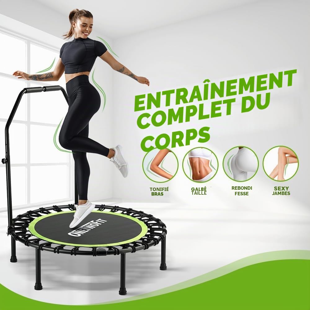 ONETWOFIT Trampoline Pliable pour Adulte, 101/107/114 cm Mini Trampoline de Fitness avec poignée en Mousse réglable, Bungees, Exercice Silencieux pour l'intérieur Personnel
