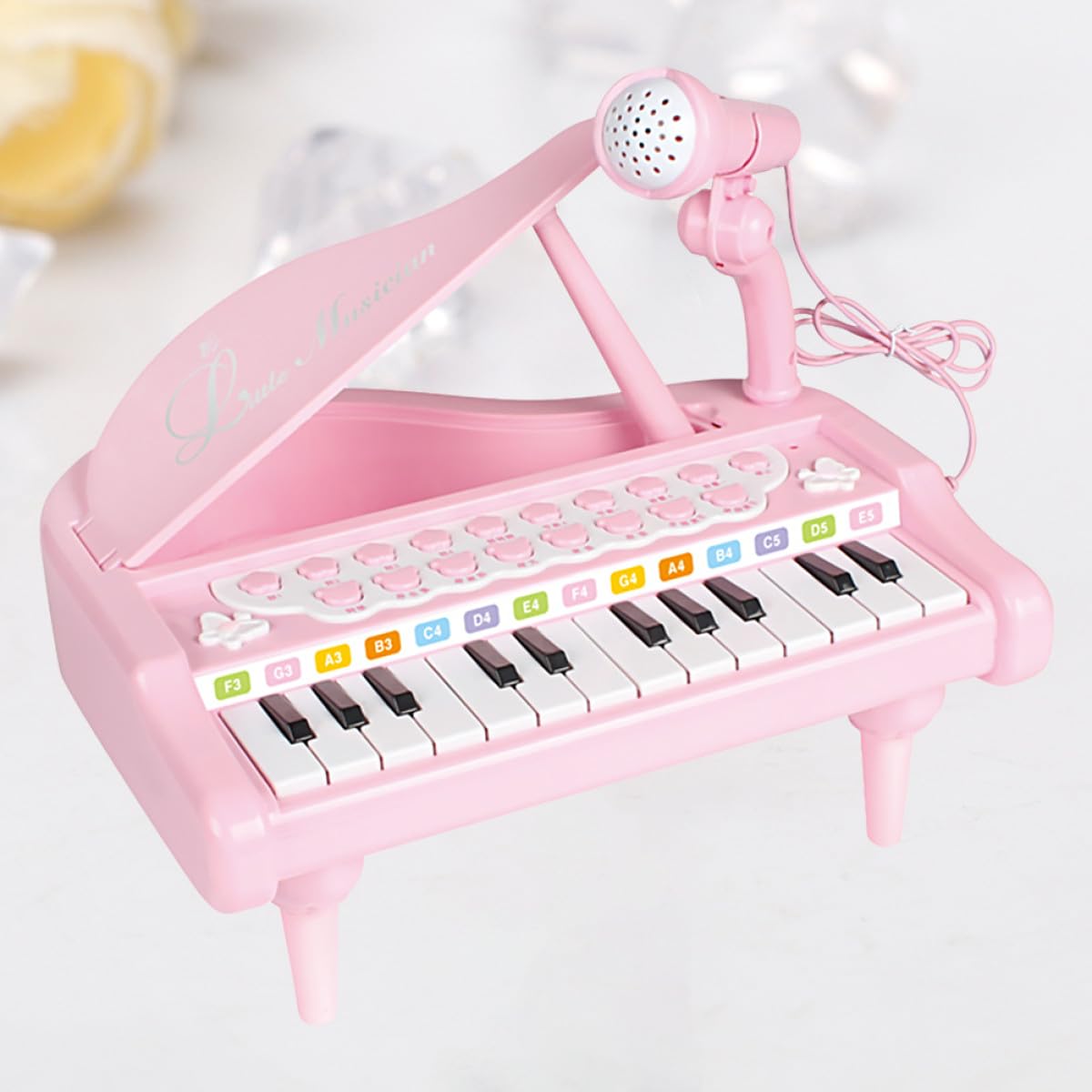 WOONEKY Pianoforte Elettronico Rosa Multifunzionale con Microfono Giocattolo Musicale Educativo per Tastiera con Regolazione Volume senza Batterie Stimola Interesse Musicale Precoce