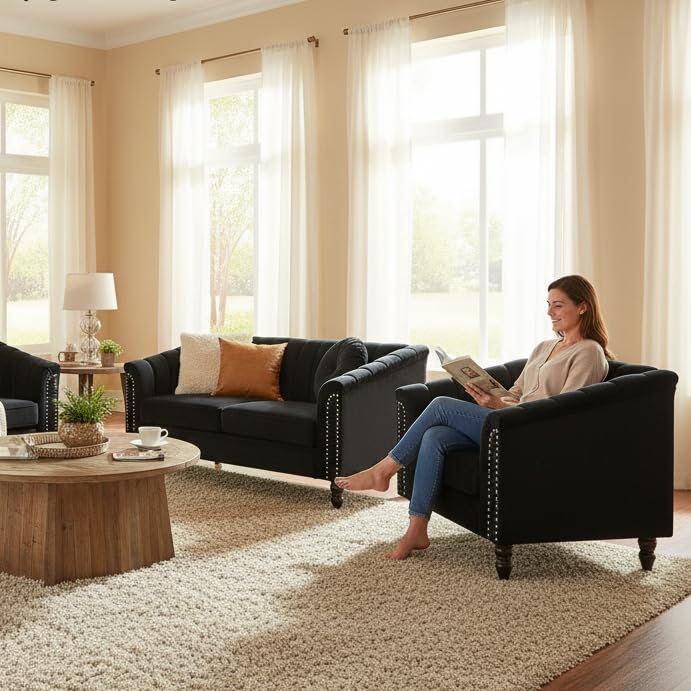 Image of Sofa and Loveseat Set, Microfiber Living Room Set with Wood Legs, 3 Piece Living Room Furniture, Modern 3-Seater Sofa + 2-Seater Loveseat + Accent Chair Sets, for Home Office, Black